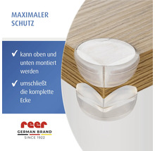 Transparenter Eckenschutz für Möbelkanten, montierbar an Ober- und Unterseite, umschließt die gesamte Ecke. reer Logo.