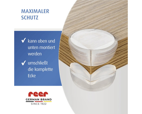 Transparenter Eckenschutz für Möbelkanten, montierbar an Ober- und Unterseite, umschließt die gesamte Ecke. reer Logo.