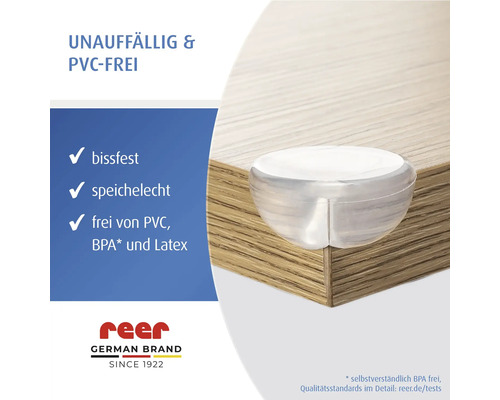Transparenter Eckenschutz von reer an einer Tischkante, bissfest, speichelecht und frei von PVC, BPA und Latex. reer Logo.
