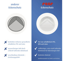 Vergleich von Eckenschutz: reer Eckenschutz ist frei von PVC, BPA und Latex, besitzt ein stark haftendes Klebeband und ist bissfest. reer Logo.