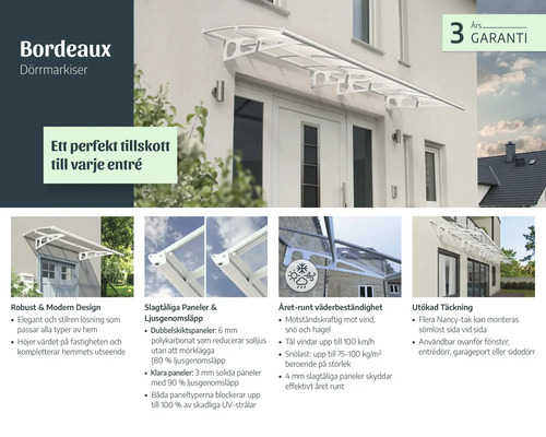 Wäiss Dierdaach Bordeaux iwwer enger Entrée mat moderne Polycarbonat-Paneelen fir e robuste Wetterschutz.