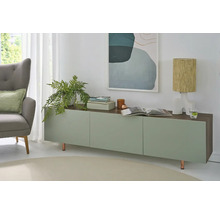 Helles, modern ageriichtent Wunnzëmmer mat engem Sideboard a Gréng an Holzoptik, engem groe Fotell, enger Zëmmerplanz an enger Tischluucht.