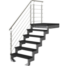 Escalier extérieur avec six marches noires, structure en acier galvanisé et garde-corps en acier inoxydable.
