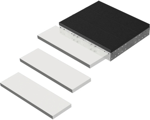 Kit composé d'une plaque antivibratoire rainurée sur un cadre métallique et de trois plaques d'insertion blanches rectangulaires.