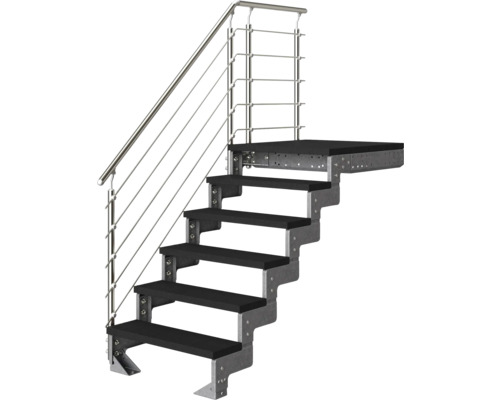 Escalier extérieur avec six marches noires, structure en acier galvanisé et garde-corps en acier inoxydable.