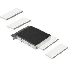 Explosionszeichnung eines Isolierelements mit schwarzer Gummimatte, verzinktem Metallprofil und weißen Platten.