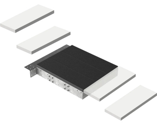 Explosionszeichnung eines Isolierelements mit schwarzer Gummimatte, verzinktem Metallprofil und weißen Platten.