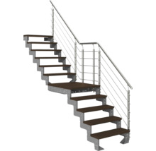 Moderne Treppe mit Metallgestell, dunklen Holzstufen und Edelstahlgeländer.