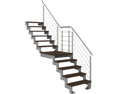 Moderne Treppe mit Metallgestell, dunklen Holzstufen und Edelstahlgeländer.