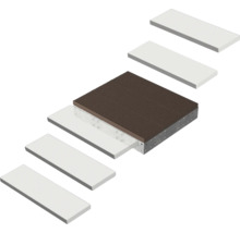 Explosionszeichnung eines Terrassensystems mit brauner Diele, Metall-Unterkonstruktion und rechteckigen Bodenplatten.