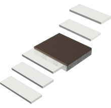 Detaillierte Darstellung eines Terrassensystems mit braunen geriffelten Dielen, einer Metall-Unterkonstruktion und weißen Stufenelementen.