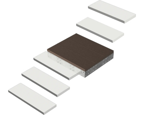 Detaillierte Darstellung eines Terrassensystems mit braunen geriffelten Dielen, einer Metall-Unterkonstruktion und weißen Stufenelementen.