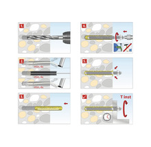 Instructions de montage pour ancrages chimiques : perçage, nettoyage, insertion de la capsule, vissage de la tige et serrage.