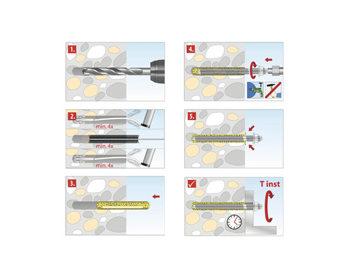 Instructions de montage pour ancrages chimiques : perçage, nettoyage, insertion de la capsule, vissage de la tige et serrage.