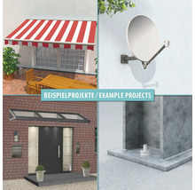 Exemples de projets : store sur une terrasse, antenne parabolique au mur, marquise en verre au-dessus d'une porte et fixation au sol.