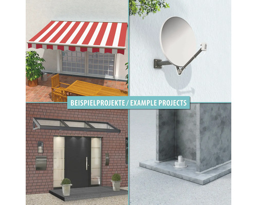 Exemples de projets : store sur une terrasse, antenne parabolique au mur, marquise en verre au-dessus d'une porte et fixation au sol.