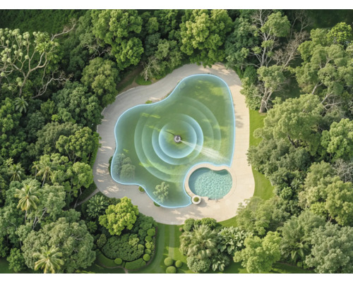 Vogelperspektive eines organisch geformten Gartenteichs mit Springbrunnen und konzentrischen Wellen, umgeben von dichtem Wald und Grünanlagen.
