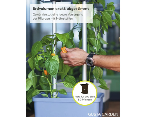 Gusta Garden Pflanzkasten mit Rankhilfe für 20 Liter Erde und 2 Pflanzen. Eine Hand erntet eine Paprika. Gusta Garden Logo.