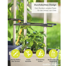 Chilipflanze in Pflanztopf mit Rankhilfe und Wassertank, ideal für Balkon oder Terrasse, einfacher Aufbau. Gusta Garden Logo.