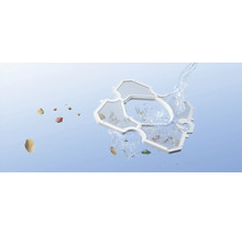 Ein Filter aus Kunststoff mit feinem Netz wird mit fließendem Wasser gereinigt.