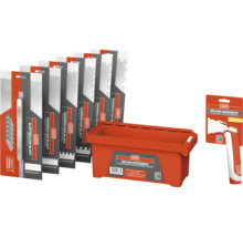 Lugato Set mit Kellen-Systembox, Glättkellen- und Zahnkellen-Blättern aus rostfreiem Edelstahl sowie einem Kellen-Handgriff.