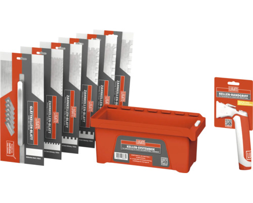 Lugato Kellen-Systembox mit verschiedenen rostfreien Zahnkellen-Blättern, einem Glättkellen-Blatt und einem Kellen-Handgriff.