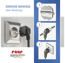 Instructions de montage sans outil pour protection de prise reer: retirer le film, presser sur la fiche et insérer dans la prise. Logo reer.