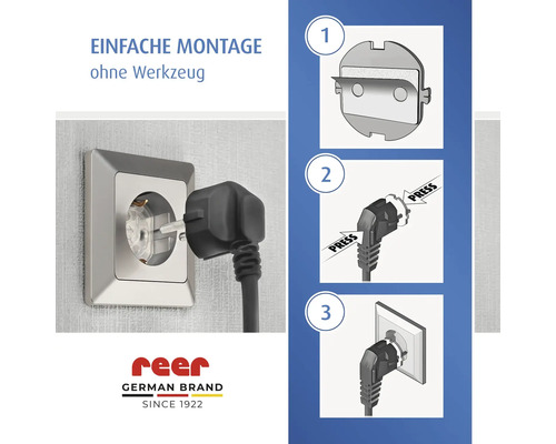 Instructions de montage sans outil pour protection de prise reer: retirer le film, presser sur la fiche et insérer dans la prise. Logo reer.