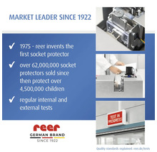 Infographie reer sur le leadership du marché depuis 1922, l'invention du protège-prise en 1975 et des tests de qualité réguliers. reer Logo.