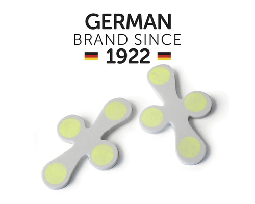 Zwei vierarmige Fliesenkreuze mit kreisförmigen Einsätzen und dem Text Deutsche Marke seit 1922.