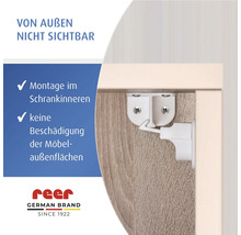 Sécurité enfant pour armoires, montage intérieur, invisible de l'extérieur, sans dommage pour les surfaces du meuble, reer Logo.