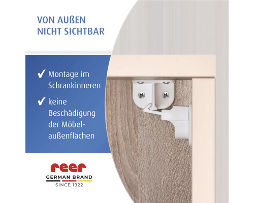 Sécurité enfant pour armoires, montage intérieur, invisible de l'extérieur, sans dommage pour les surfaces du meuble, reer Logo.