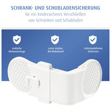 Weiße Schrank- und Schubladensicherung für kindersicheres Verschließen mit Klebemontage, starkem 3M Klebeband und rückstandsfreier Entfernung.