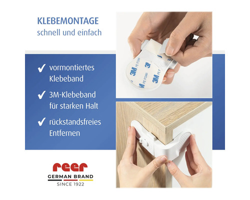 Montage einer reer Kindersicherung mit 3M-Klebeband an einer Schrankecke für starken Halt und rückstandsfreies Entfernen. reer Logo.