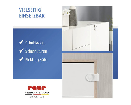 Vielseitige Kindersicherung für Schubladen, Schranktüren und Elektrogeräte an Möbeln montiert. Reer Logo.