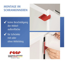 Montage einer reer Schranksicherung im Schrankinneren ohne Beschädigung der Möbelaußenfläche für Schränke mit oder ohne Mittelsteg. reer Logo.