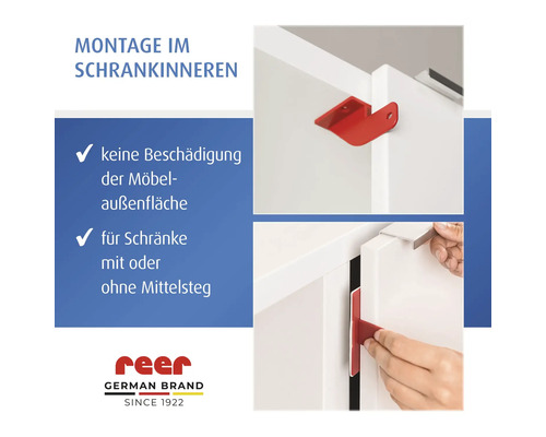 Montage einer reer Schranksicherung im Schrankinneren ohne Beschädigung der Möbelaußenfläche für Schränke mit oder ohne Mittelsteg. reer Logo.