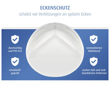 Transparenter Eckenschutz zur Kindersicherheit, PVC-frei, schadstoffgeprüft, inklusive Klebeband, rückstandsfrei entfernbar.