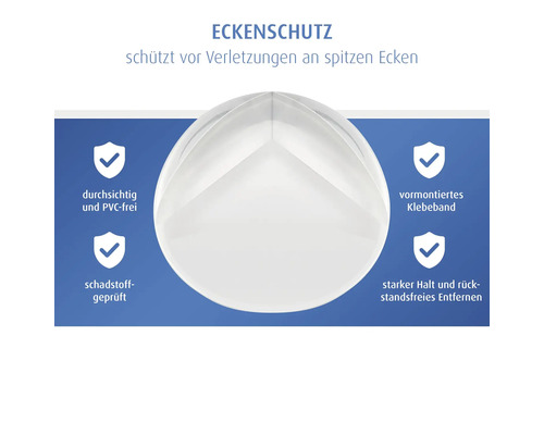 Transparenter Eckenschutz zur Kindersicherheit, PVC-frei, schadstoffgeprüft, inklusive Klebeband, rückstandsfrei entfernbar.