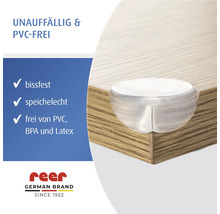 Eckenschutz aus Kunststoff für Tischkanten aus Holz. Bissfest, speichelecht, frei von Polyvinylchlorid, Bisphenol A und Latex. reer Logo.