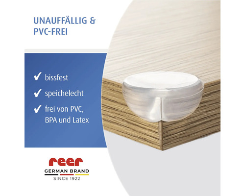 Eckenschutz aus Kunststoff für Tischkanten aus Holz. Bissfest, speichelecht, frei von Polyvinylchlorid, Bisphenol A und Latex. reer Logo.