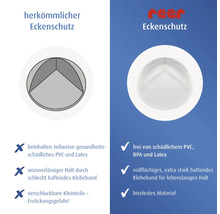 Reer Logo. Verglach Reer Eckenschutz géint herkömmlech: Reer ass schadstofffräi, huet extra staarkt Klebeband an ass bëssfest.
