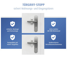 Kindersicherung für Türgriffe zum Kleben, einfache Montage an Wohnungs- und Eingangstüren, mit 3M VHB Klebeband und kindersicherem Verschluss.