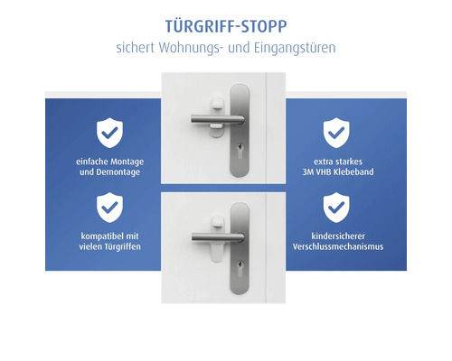 Kindersicherung für Türgriffe zum Kleben, einfache Montage an Wohnungs- und Eingangstüren, mit 3M VHB Klebeband und kindersicherem Verschluss.