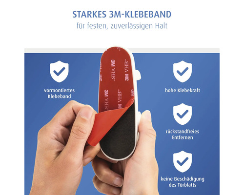 Hände ziehen Schutzfolie von einem 3M-Klebeband mit 3M Logo an einem Türstopper ab. Hohe Klebekraft und rückstandfreies Entfernen.