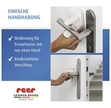 reer Kindersicherung für Türklinken, einhändige Bedienung für Erwachsene, kindersicherer Verschluss, reer Logo.