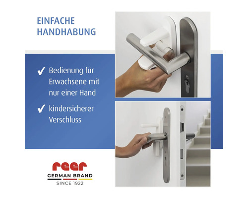 reer Kindersicherung für Türklinken, einhändige Bedienung für Erwachsene, kindersicherer Verschluss, reer Logo.