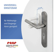 reer Türgriff-Sicherung für Wohnungs- und Eingangstüren mit Maßangabe von 7,5 Zentimeter. reer Logo.