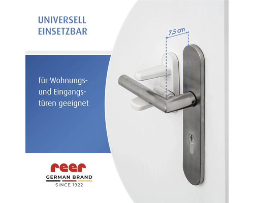 reer Türgriff-Sicherung für Wohnungs- und Eingangstüren mit Maßangabe von 7,5 Zentimeter. reer Logo.