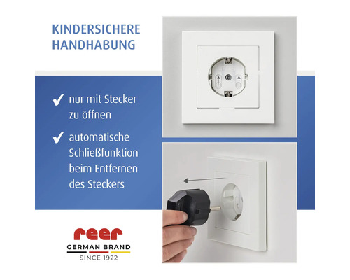 reer Steckdosenschutz für kindersichere Handhabung, schließt automatisch beim Entfernen des Steckers, öffnet nur mit Stecker, reer Logo.